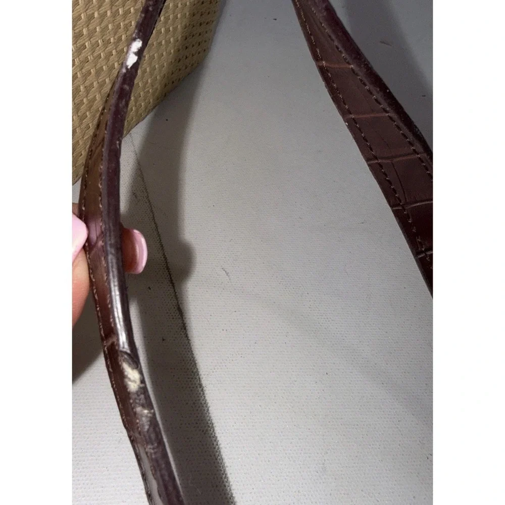 Vintage Brighton Style Y2K Handbag Brown Leather Hearts Trim Plaid Straw Purse